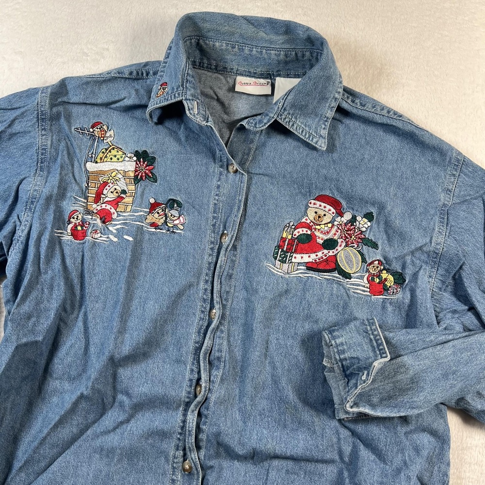 Bobbie Brooks Shirt Womens Medium Denim Snowman Embroidered Christmas Vintage